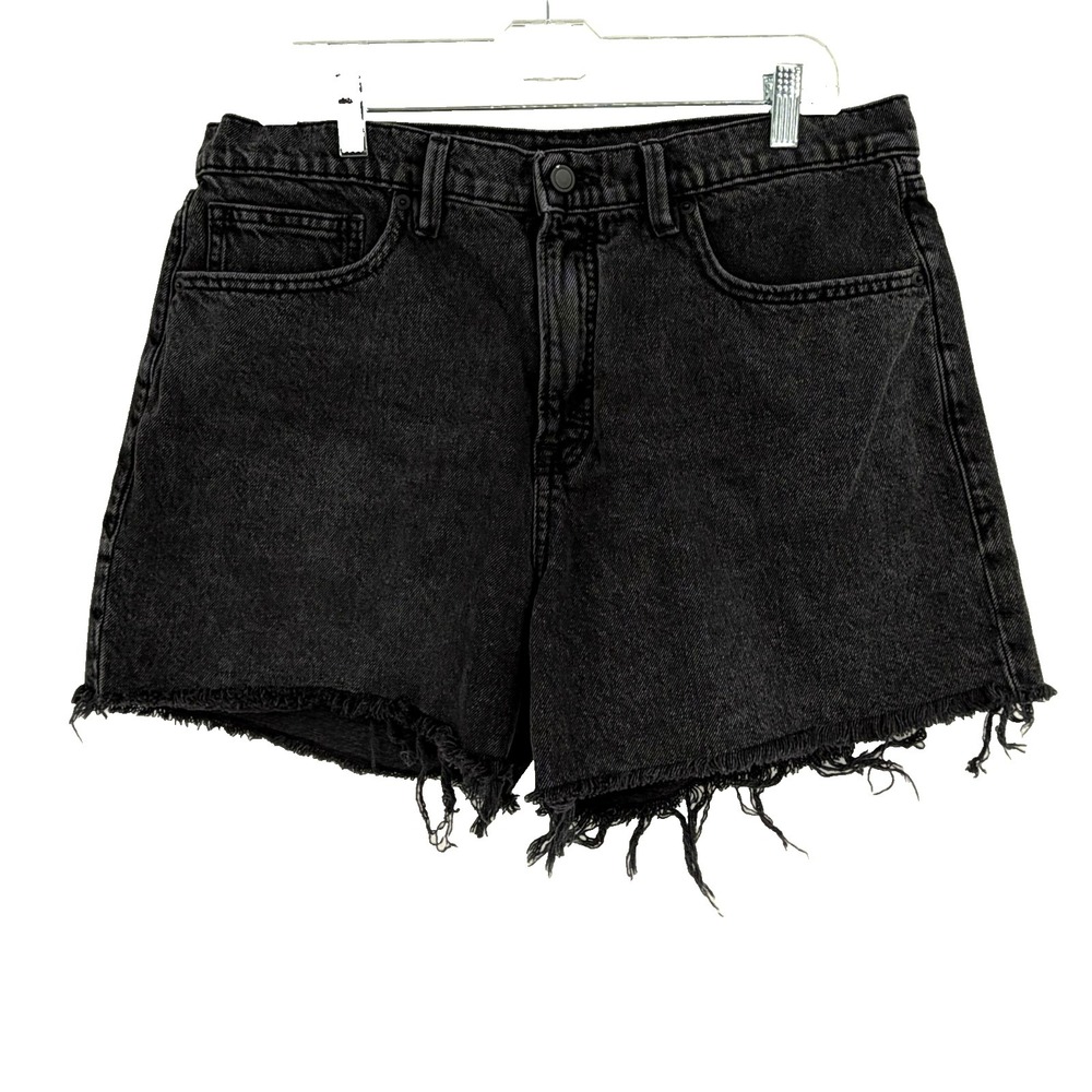 Good American Black Denim Mid Rise Relaxed Cut Off Shorts Size 14 32